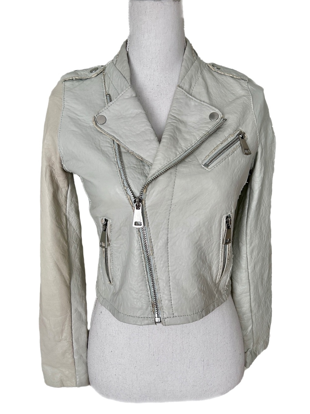 Maje Paris Moto Jacket Light Gray Lamb Leather Cotton Lined Pockets Small EU 36